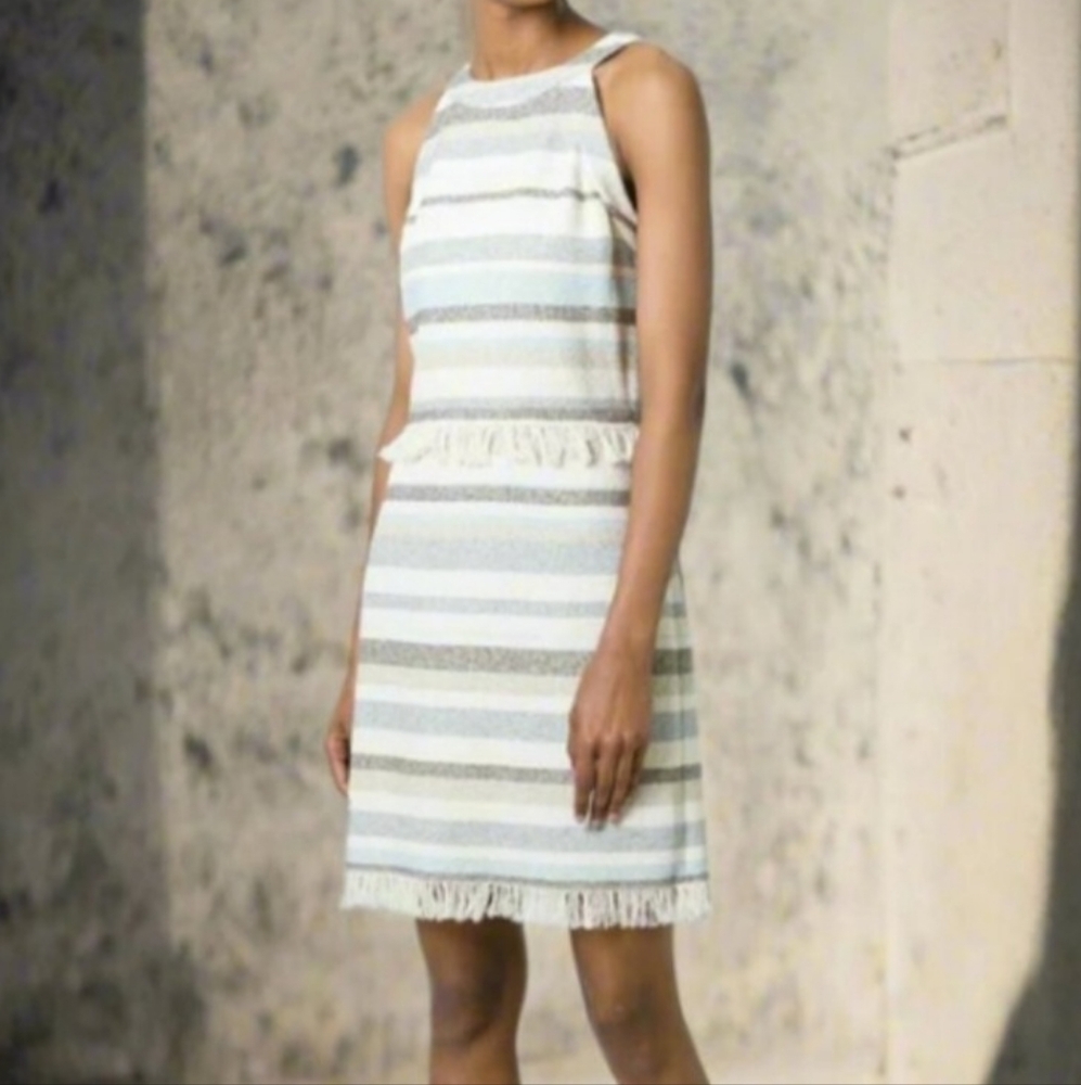 Tory Burch Mini Fringed Boho Dress  Ivory Sleeveless Cotton Sheath Stripe